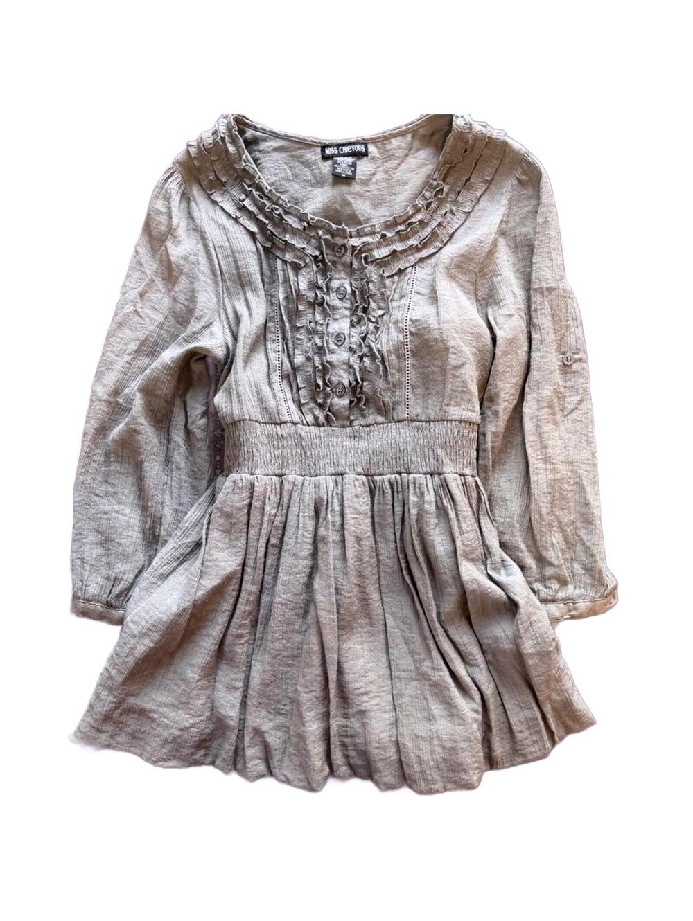 Vtg Miss Chievous grey woven ruffle babydoll blouse . Size M